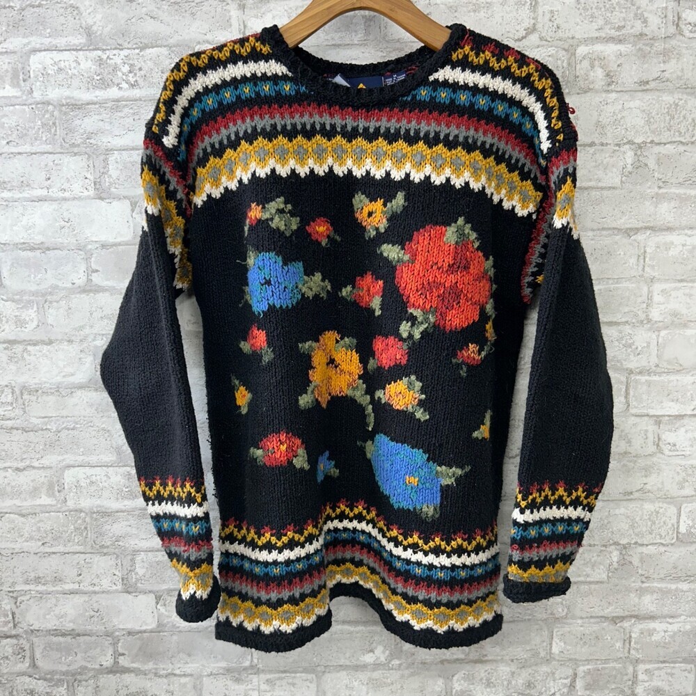 Vintage Liz Claiborne Sweater Cotton Flowered Granny Pattern Black Mulit Size M